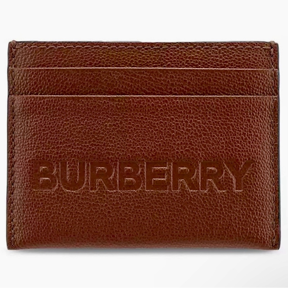 NWT Burberry Sandon Logo Brown Embossed Smooth Leather Card Case Wallet Dust Bag - Picture 5 of 8